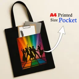 kirmada Retro Bollywood Dance Black Cotton Tote Bag with A4 Printable Pocket, Bollywood Meme Print, Zipper Closure, Trendy Eco-Friendly Shoulder Bag for Pop Culture Fans image 1