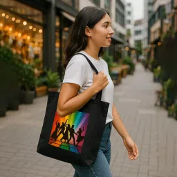 kirmada Retro Bollywood Dance Black Cotton Tote Bag with A4 Printable Pocket, Bollywood Meme Print, Zipper Closure, Trendy Eco-Friendly Shoulder Bag for Pop Culture Fans image 5