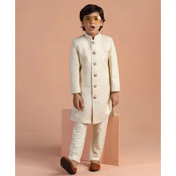 KISAH Blended Woven Full Sleeves Thread Work Embroidered Sherwani With Pyjama Set - Cream-picture-15
