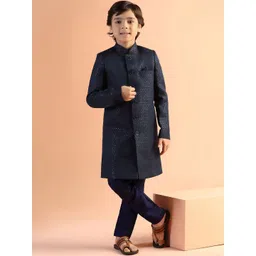 KISAH Boys Blue Embroidered Indowestern Sherwani Pyjama Set-picture-29