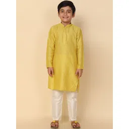 KISAH Boys Ethic Motifs Mandrain Collar Long Sleeves Thread Work Regular Kurta Set-picture-20