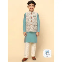 KISAH Boys Mandarin Collar Kurta With Pyjamas & Printed Nehru Jacket-picture-16