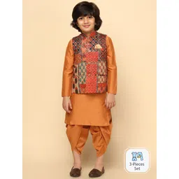 KISAH Boys Mandarin Collar Kurta With Pyjamas & Printed Nehru Jacket-picture-25