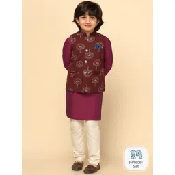 KISAH Boys Mandarin Collar Kurta With Pyjamas & Thread Work Nehru Jacket-picture-13