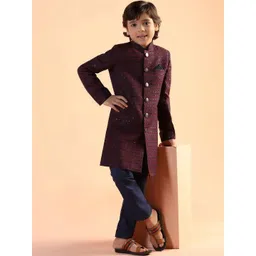 KISAH Boys Maroon Embroidered Indowestern Sherwani Pyjama Set-picture-38
