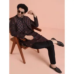 KISAH Ethnic Motifs Printed Mandarin Collar Straight Kurta with Trousers & Jacket-picture-37