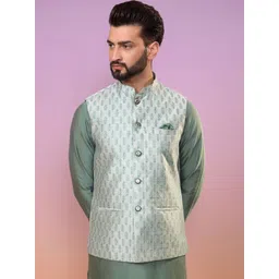 KISAH Floral Woven Design Mandarin Collar Nehru Jackets With Pocket Square-picture-28