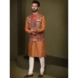 KISAH Mandarin Collar Straight Kurta & Churidar With Nehru Jacket-image-16