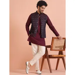 KISAH Mandarin Collar Straight Kurta & Trouser With Woven Design Nehru Jacket-image-49