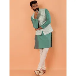 KISAH Mandarin Collar Straight Kurta With Churidar & Embroidered Nehru jacket-picture-39
