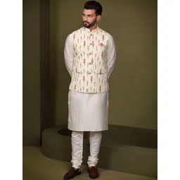KISAH Mandarin Collar Straight Kurta With Churidar & Nehru Jacket-image-41