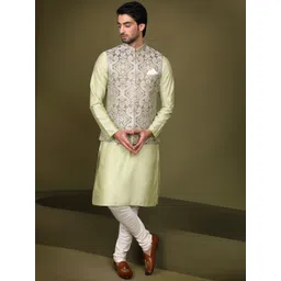KISAH Mandarin Collar Straight Kurta with Churidar & Nehru Jacket-image-11