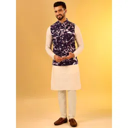 KISAH Mandarin Collar Straight Kurta with Churidar & Nehru Jacket-image-40