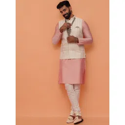 KISAH Mandarin Collar Straight Kurta With Churidar & Printed Nehru jacket-image-31
