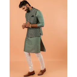 KISAH Mandarin Collar Straight Kurta With Churidar & Woven Design Nehru jacket-image-42