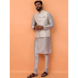 KISAH Mandarin Collar Straight Kurta With Churidar & Woven Design Nehru jacket-picture-40