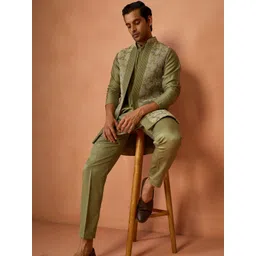 KISAH Mandarin Collar Straight Kurta With Trouser & Embroidered Nehru Jacket-image-0