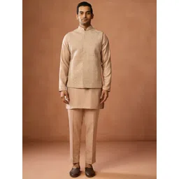 KISAH Men Beige Silk Blend Embroidered Bundi Woven Nehru Jackets-picture-24