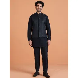 KISAH Men Black Nehru Jacket Subtle Metallic Textured Pattern Elegant Ethnic Layer-image-38