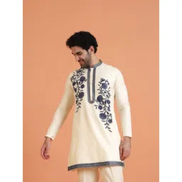 KISAH Men Cream Cotton Silk Kurta Floral Embroidery & Beaded Placket Elegant Ethnic Wear-picture-34