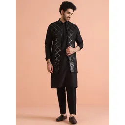 KISAH Men Embroidered Regular Fit Mirror work Kurta Nehru Jacket Trouser Set-picture-35