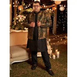 KISAH Men Ethnic Motifs Printed Regular Kurta Bomber Jacket Trouser Set-picture-17