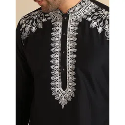 KISAH Men Floral Embroidered Thread Work Mandarin Collar Cotton Silk Straight Kurta image 2