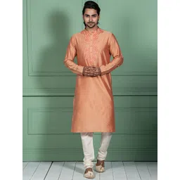KISAH Men Geometric Embroidered Mandarin Collar Kurta with Churidar Set-picture-35