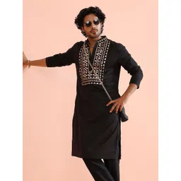 KISAH Men Geometric Yoke Design Gotta Patti Mandarin Collar Cotton Silk Straight Kurta-picture-20