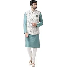 kisah Men Green White Printed Kurta with Churidar, Full Sleaves, Knee Length, Straight, Regular Fit, Mandarin Collar Ethnic Wear-picture-13