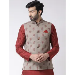 KISAH Men Grey & Red Printed Woven Nehru Jacket-picture-32
