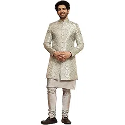 kisah Men Grey Jacquard Kurta Sherwani Churidar Set-picture-42