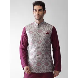 KISAH Men Grey Printed Nehru Jacket-image-39