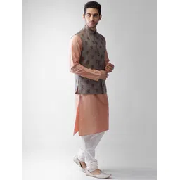 KISAH Men Khaki & Pink Regular Kurta with Pyjamas & Jacket-image-41