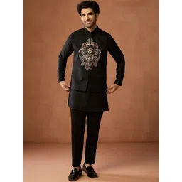 KISAH Men Mandarin Collar Straight Kurta with Trousers & Embroidered Nehru Jacket-image-21
