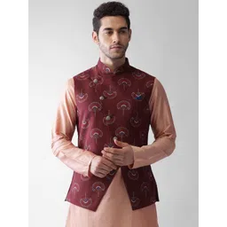 KISAH Men Maroon Printed Nehru Jacket-image-25