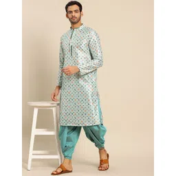 KISAH Men Mint Green Ethnic Motifs Printed Kurta with Dhoti Pants-picture-25