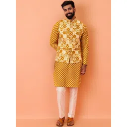 KISAH Men Mustard Printed Nehru Jacket-image-43