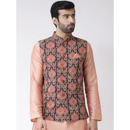 KISAH Men Navy Blue & Peach-Coloured Printed Nehru Jacket-picture-39
