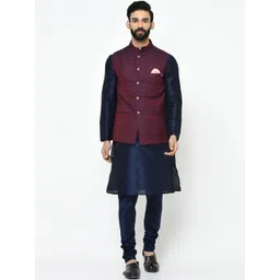 KISAH Men Navy Blue Solid Kurta Set with Nehru Jacket-picture-21