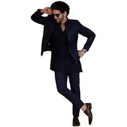 kisah Men Navy Blue Woven Design Kurta Bomber Jacket Trouser Set with Sequence-picture-18