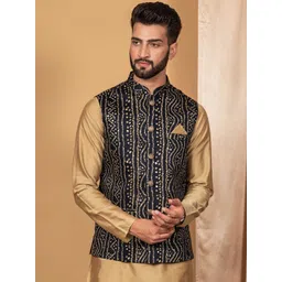 KISAH Men Navy Blue Woven Design Nehru Jacket-picture-36