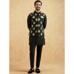 KISAH Men Nehru Jacket Printed Bundi Black Festive Modi Jacket Golden Leaf Design-image-19