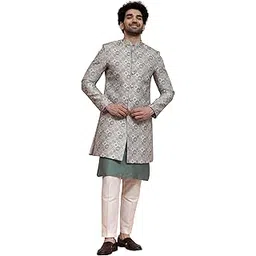 kisah Men Off White Jacquard Kurta Sherwani Trouser Set-picture-30