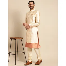 KISAH Men Pink & White Printed Sherwani Set-image-17