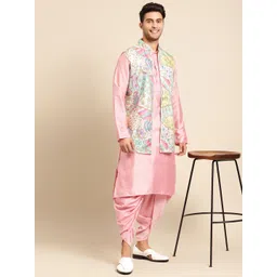 KISAH Men Pink Kurta with Dhoti Pants & Nehru Jacket-image-7