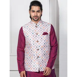 KISAH Men Printed Mandarin Collar Woven Nehru Jacket With Pocket Square-picture-22