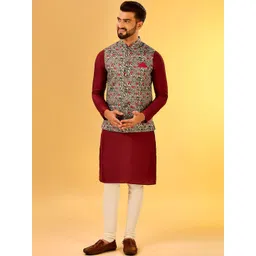 KISAH Men Printed Regular Fit Ethnic Motifs Kurta Jacket Churidar Set-picture-34