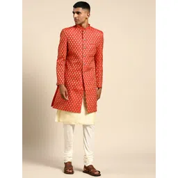 KISAH Men Red & Off White Printed Silk Blend Kurta Sherwani Set-picture-40