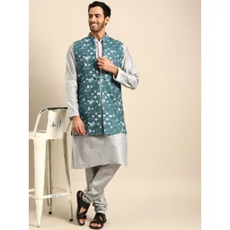 KISAH Men Turquoise Blue Floral Embroidered Thread Work Kurta with Churidar-picture-17